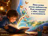 Нежна картичка за Световния ден на детето с книга, знания и мечти