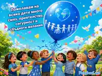 Весела картичка за Световния ден на детето с деца и син балон
