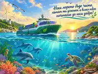 Еко поздрав за Световния ден на мореплаването с кораб, делфини и чисто море