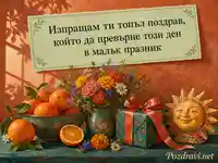 Гвашова картичка за Световния ден на усмивката с портокали, цветя и подарък