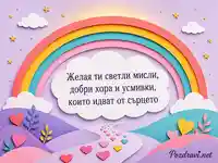 Пъстра картичка за Световния ден на усмивката с дъга, сърца и топло пожелание
