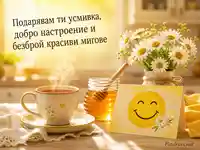 Топла картичка за Световния ден на усмивката с чай, мед, маргаритки и мило пожелание
