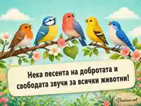 Цветна картичка с птици и послание за Световния ден на животните
