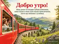 Добро утро с червен влак през слънчеви планини