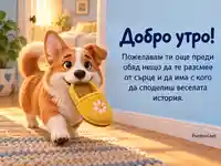 Забавна картичка за добро утро с корги и жълта пантофка
