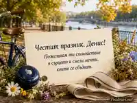 Есенна картичка за Денис с велосипед, цветя и послание за смели мечти