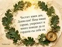 Луксозна картичка за имен ден на Денислав с дъбови листа и компас
