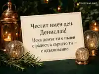 Луксозна картичка за имен ден на Денислав с меден фенер и розмарин