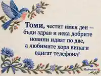 Бродирана картичка за имен ден на Томи със синя птица