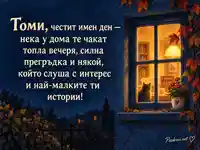 Есенна картичка за имен ден на Томи с топъл прозорец и лично пожелание