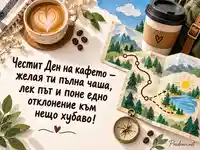Честит Ден на кафето с чаша кафе и живописно отклонение към езеро