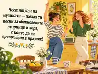 Честит Ден на музиката с танцуващи приятелки в слънчева кухня