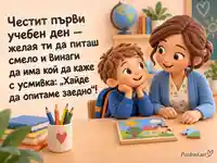 Честит първи учебен ден с усмихната учителка, любопитно дете и цветен пъзел