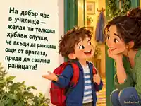 На добър час в училище — малък ученик с червена раница разказва още от вратата
