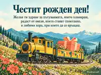 Винтидж картичка за рожден ден с жълт планински влак и голям подарък