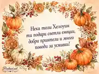 Елегантна есенна картичка за Хелоуин с тикви, портокали и топло пожелание