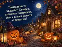 Вълшебен Хелоуин с усмихнати тикви, фенери и уютна селска уличка