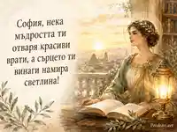 Акварелна картичка за София с пожелание за мъдрост, светлина и красиви врати