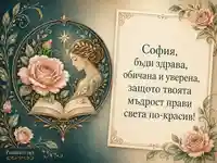 Елегантна ар нуво картичка за София с роза, книга и пожелание за мъдрост