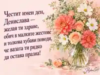 Имен ден на Денислава с акварелен букет от далии, рози и бели космоси