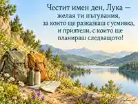 Имен ден на Лука с две туристически раници, планинско езеро и послание за пътувания