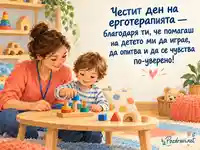 Благодарност към ерготерапевт с дете и дървени играчки