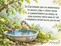 Световен ден на животните с два синигера и купичка чиста вода