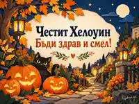 Есенна картичка за Хелоуин с тикви, фенери и пожелание