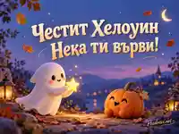 Призрак подарява светеща звезда на усмихната тиква за Хелоуин